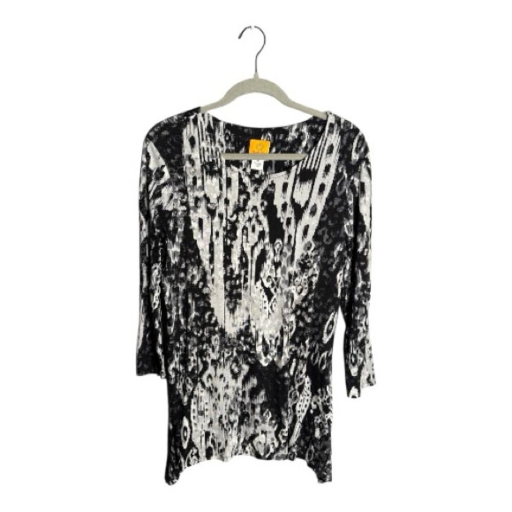 Ruby Rd Black Silver Print Long Sleeve Top Medium
